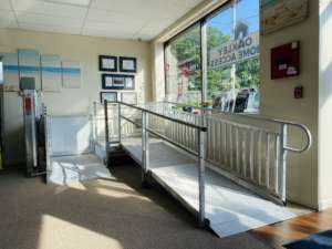 Vertical platform lift and aluminum modular ramp are on display in the Oakley Home Access showroom.